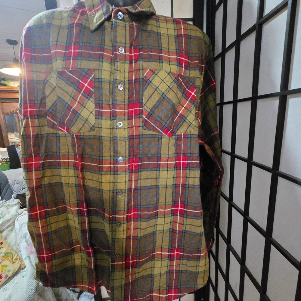 Haband Mens Flannel Shirt Long Sleeve Plaid Button Down Olive Green Red L